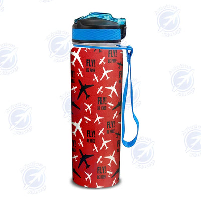 Fly Be Free Red Sports aviation design on sport kettle, insulated bottle with sport spout.