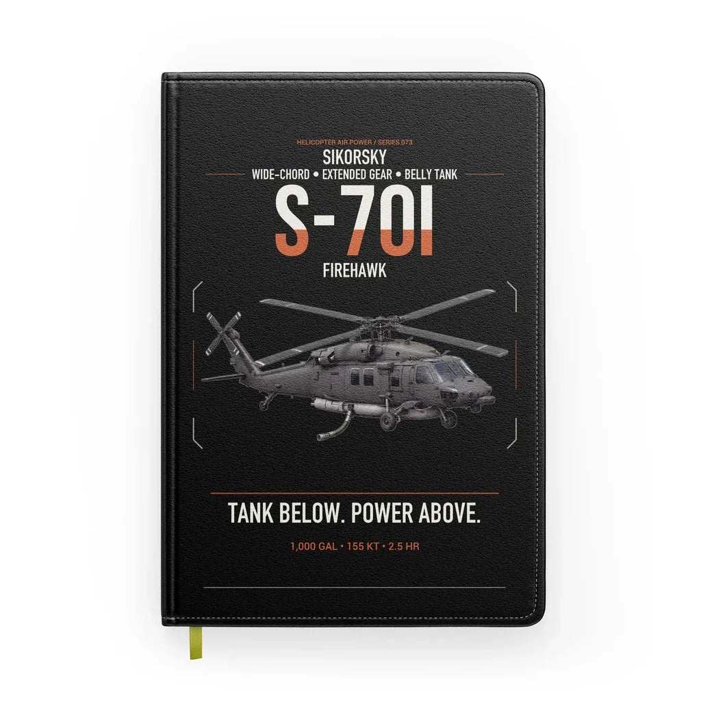 Sikorsky S-70i FIREHAWK design on black notebook