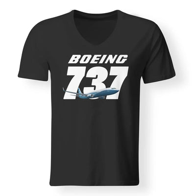 Super Boeing 737+Text aviation design printed on soft cotton V-neck T-shirt.