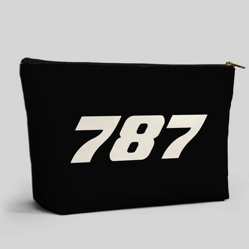 Boeing 787 Flat Text aviation design zipper pouch, durable polyester construction.