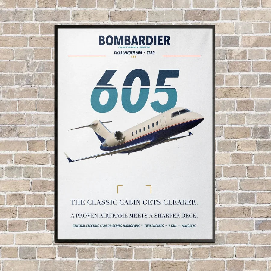 Bombardier Challenger 605 vertical canvas print - framed - white background