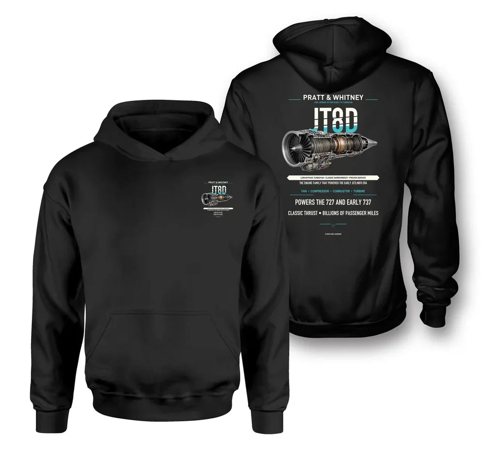 JT8D design on black hoodie