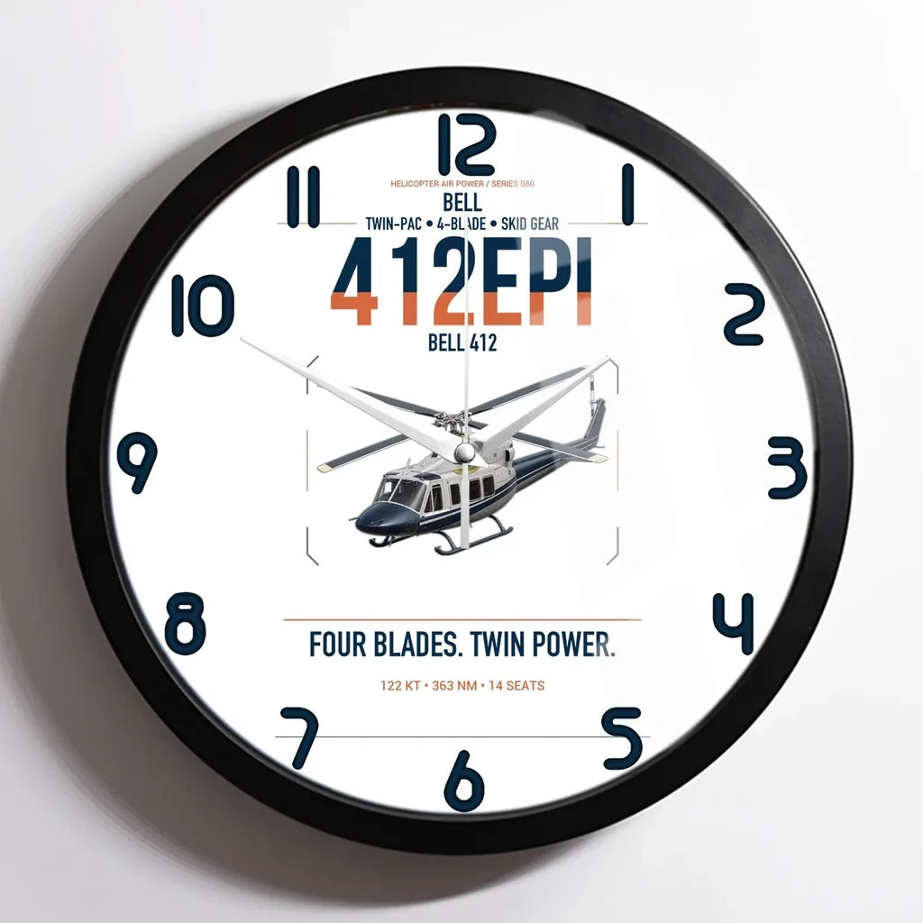 Bell 412EPI design on white framed wall clock