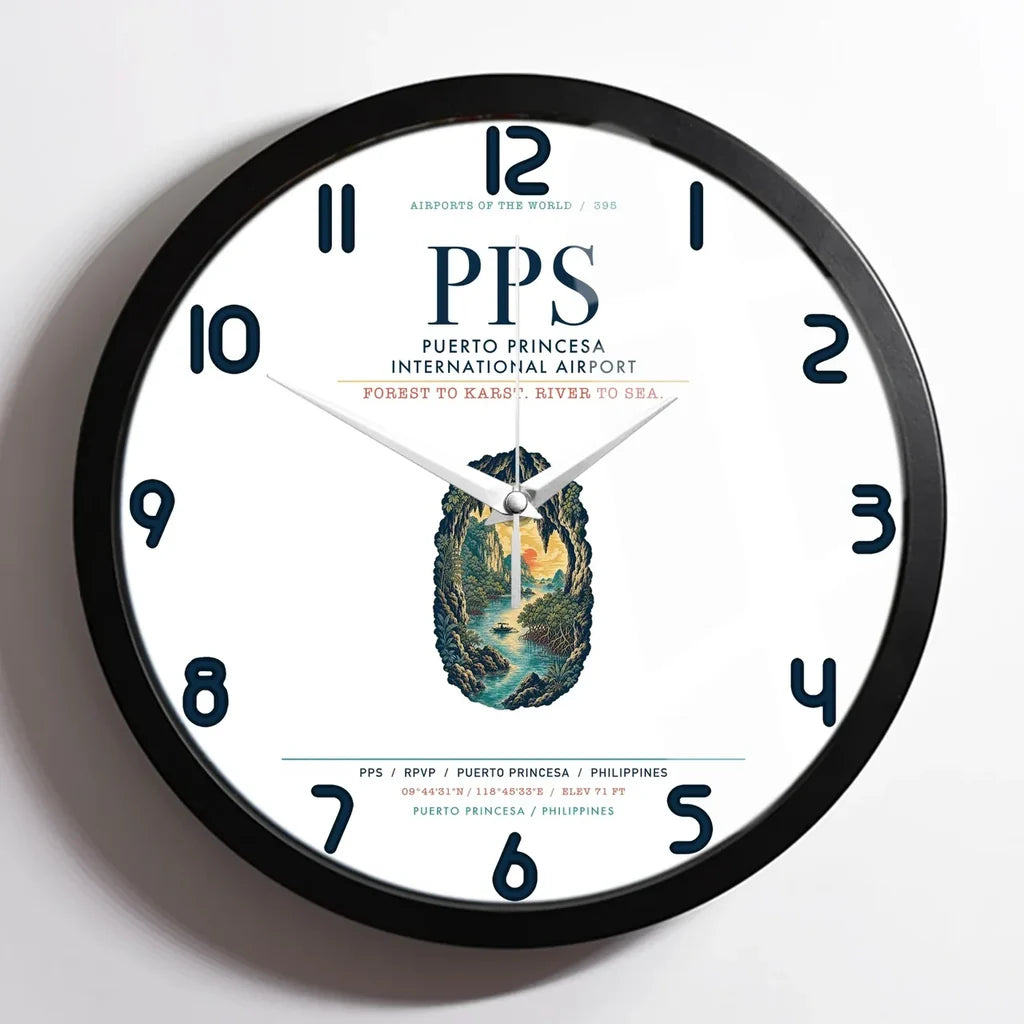 Puerto Princesa International Airport (PPS) design on white framed wall clock