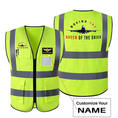 Boeing 747 Queen of the Skies aviation design printed on high-visibility reflective fabric reflective vest.