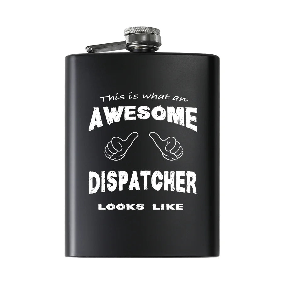 Dispatcher aviation design on stainless hip flask, compact pocket-size flask.