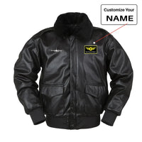 Thumbnail for Airbus A340 Silhouette aviation design printed on genuine leather with shearling-style collar leather bomber jacket.