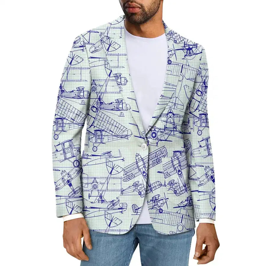 Amazing Drawings of Old Aircrafts aviation design on premium cotton blend men's casual blazer suit.