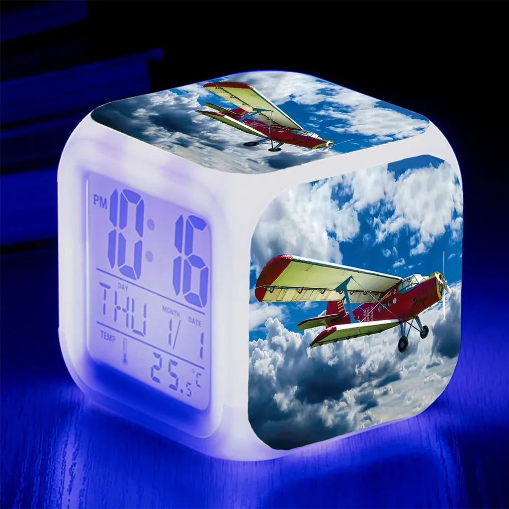 Beautiful Clouds & Antonov-2 "7 Colour" Digital Alarm aviation art table clock in premium wood and metal.