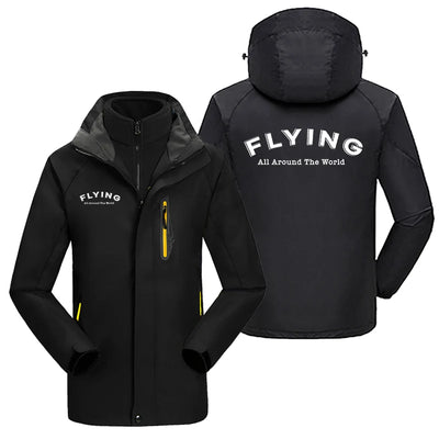 Flying All Around The World aviation design printed on heavyweight insulated shell with snow cuffs thick ski jacket.