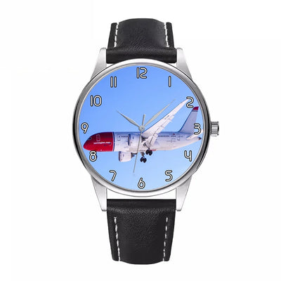 Norwegian Boeing 787 aviation-themed watch with leather strap, polished leather strap.