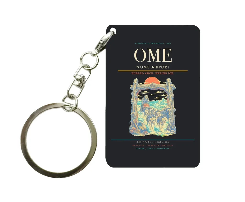 Nome Airport (OME) design on black key chain