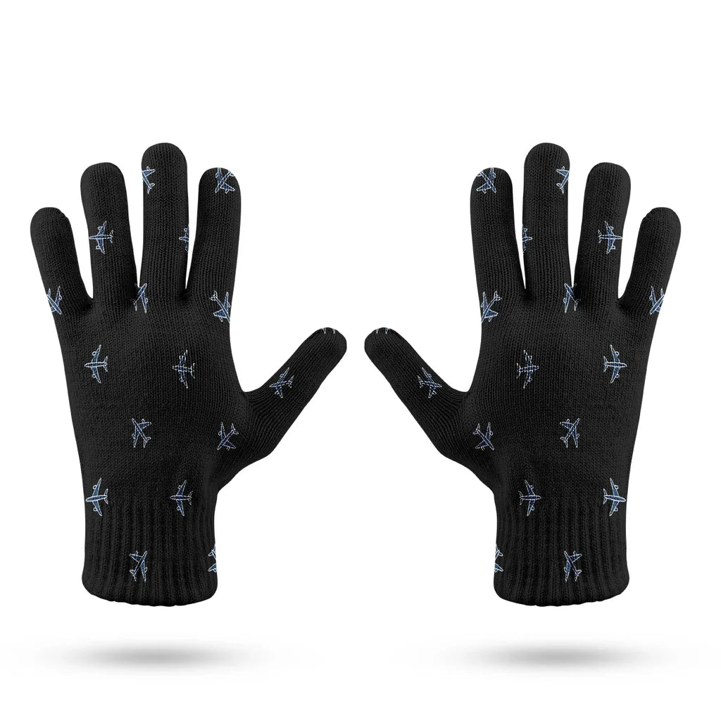 Nice Airplanes (Black) aviation design on soft knit fabric gloves.