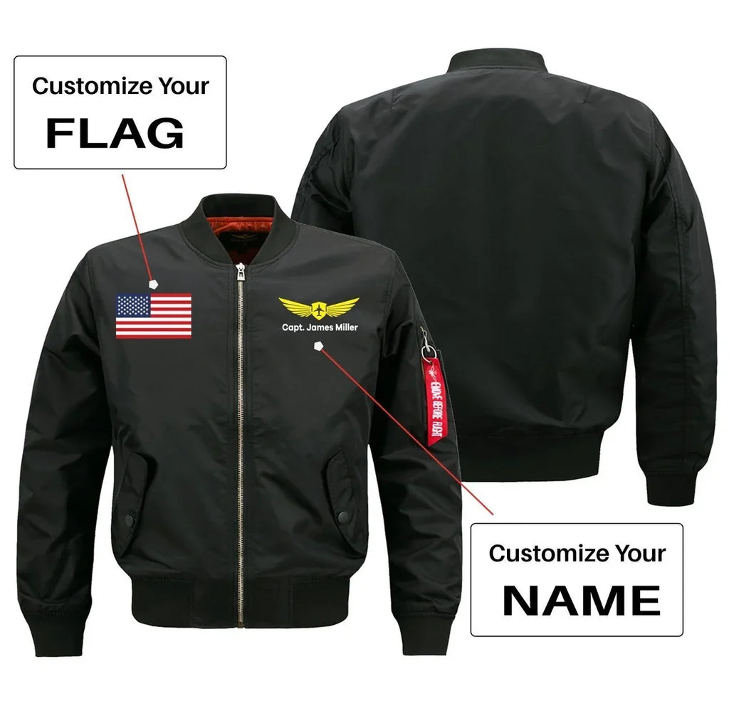 Custom Flag & Name with Badge 2 aviation design printed on comfortable shell with classic fit designed jacket.
