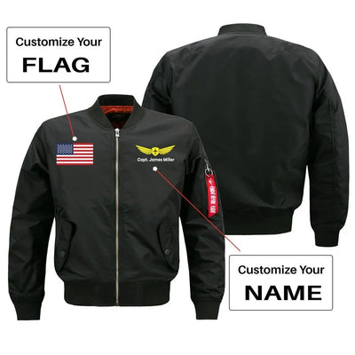 Custom Flag & Name with Badge 2 aviation design printed on comfortable shell with classic fit designed jacket.
