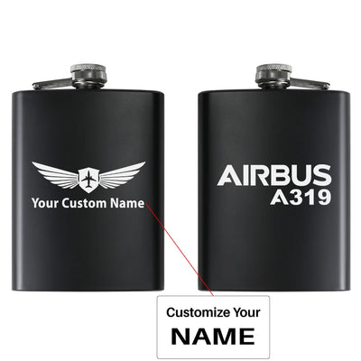 Airbus A319 & Text aviation design on stainless hip flask, compact pocket-size flask.