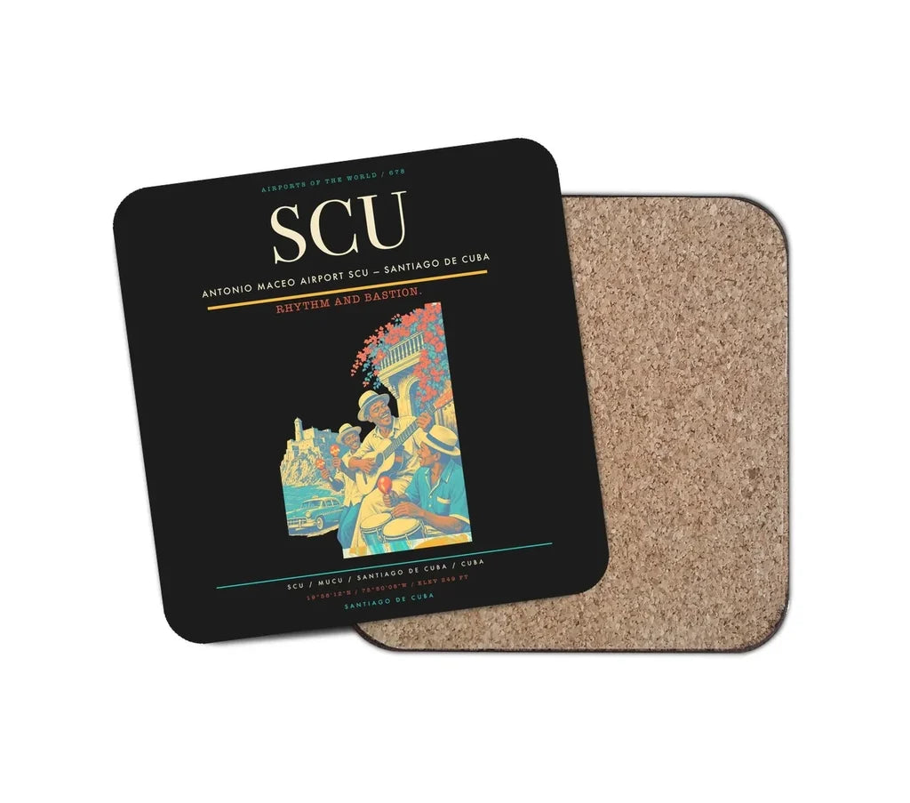 Antonio Maceo Airport (SCU) design on black 1 piece coaster