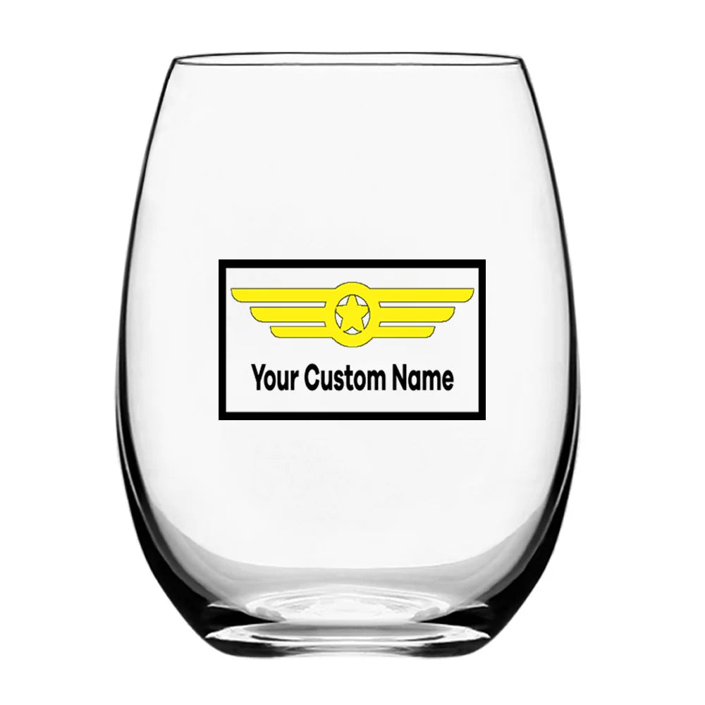Custom Name "Badge 1" Water & Drink aviation design on water glass, crystal-clear premium glassware.