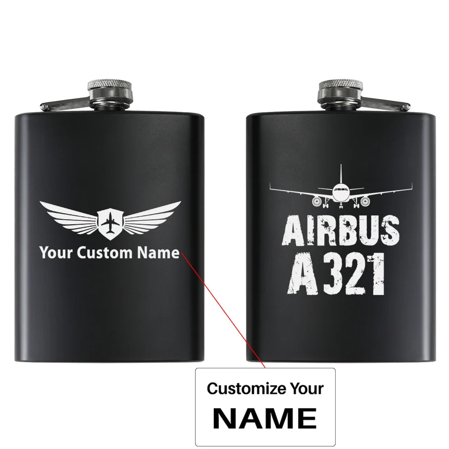 Airbus A321 & Plane aviation design on stainless hip flask, compact pocket-size flask.