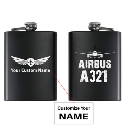 Airbus A321 & Plane aviation design on stainless hip flask, compact pocket-size flask.