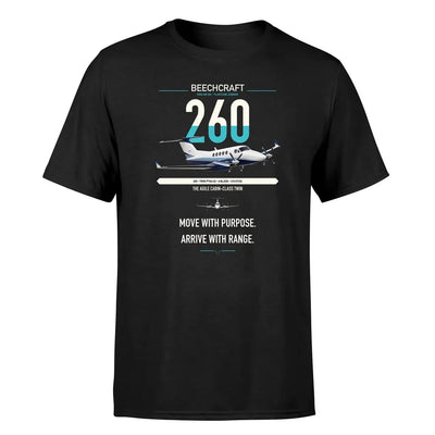 Beechcraft King Air 260 design on black t-shirt, single-side print