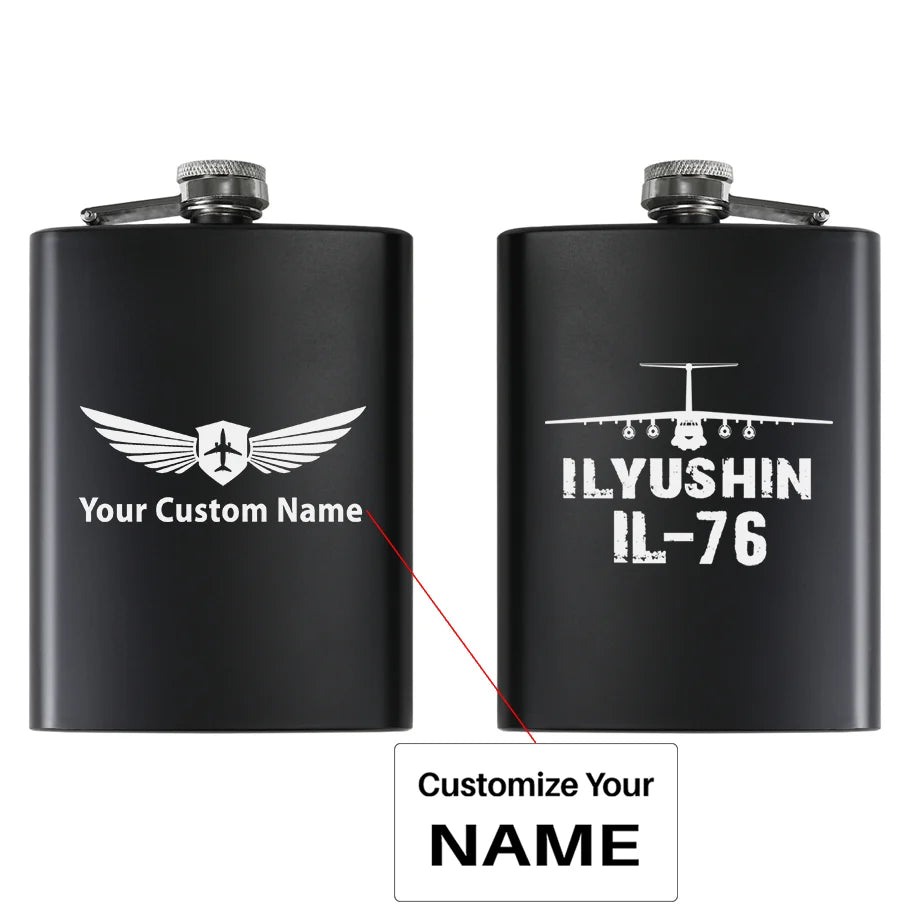 ILyushin IL-76 & Plane aviation design on stainless hip flask, compact pocket-size flask.