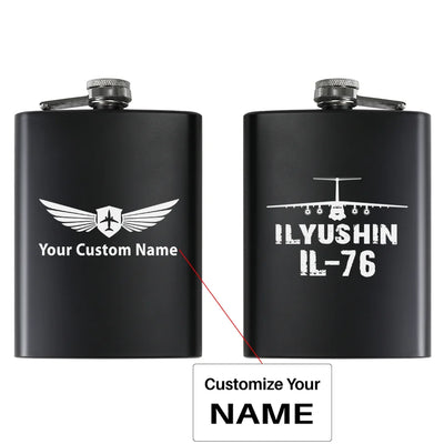 ILyushin IL-76 & Plane aviation design on stainless hip flask, compact pocket-size flask.