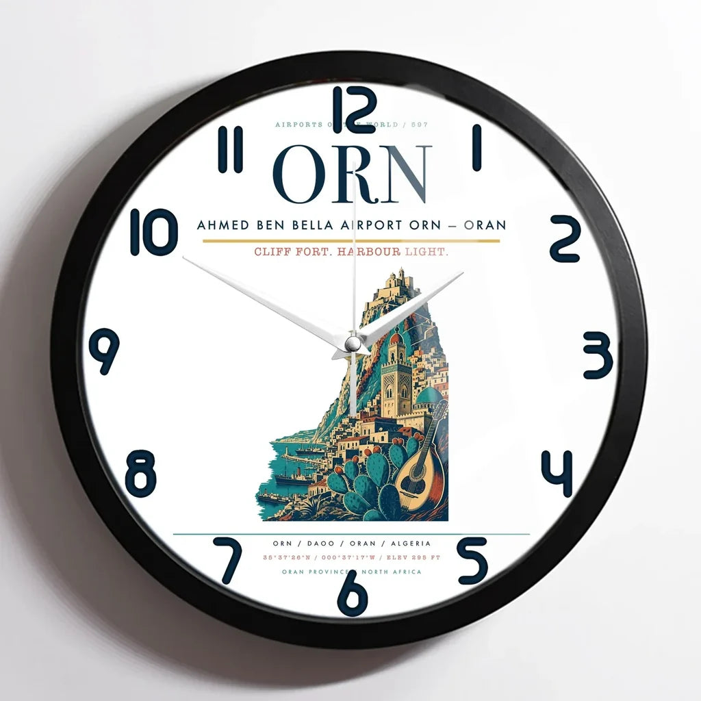Ahmed Ben Bella Airport (ORN) design on white framed wall clock