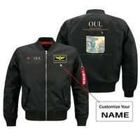 Thumbnail for Oulu Airport (OUL) design on black bomber jacket with custom name patch