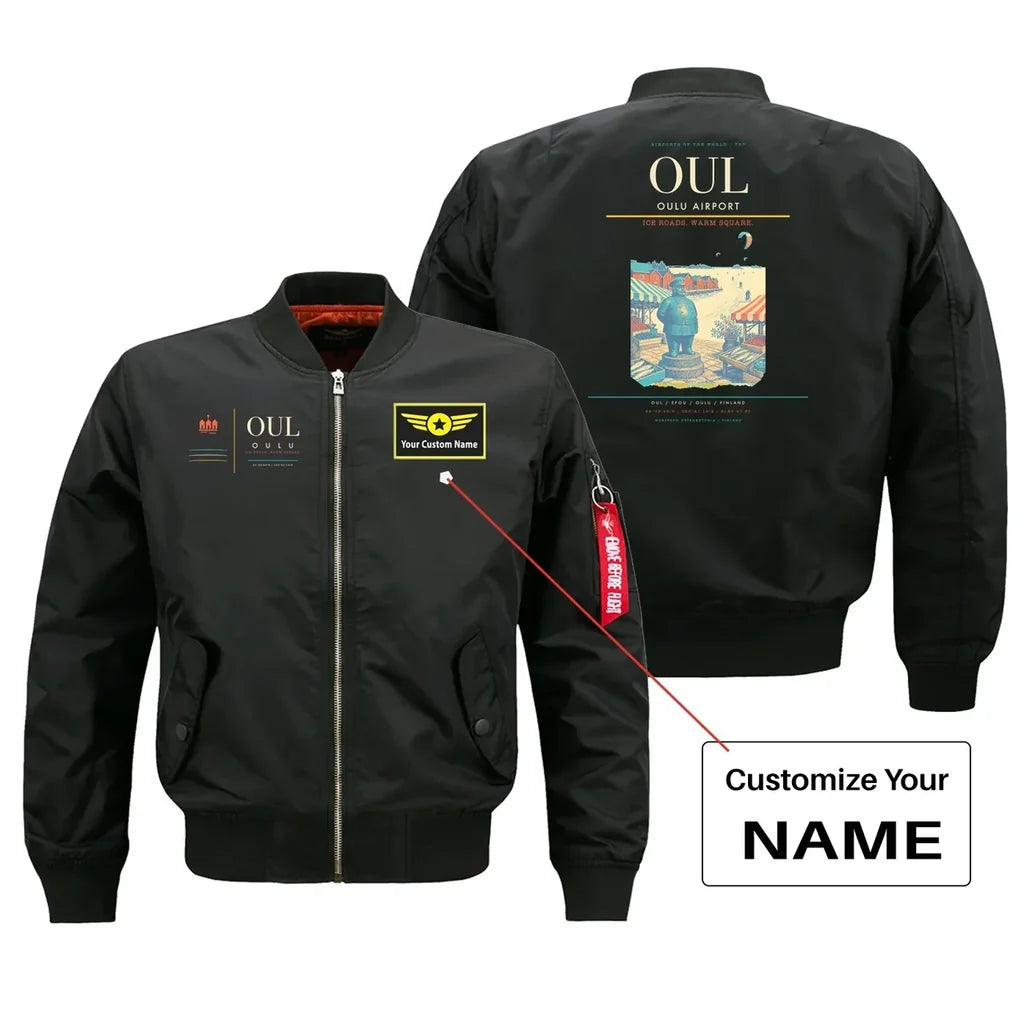 Oulu Airport (OUL) design on black bomber jacket with custom name patch