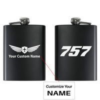 Thumbnail for Boeing 757 Flat Text aviation design on stainless hip flask, compact pocket-size flask.