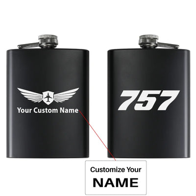Boeing 757 Flat Text aviation design on stainless hip flask, compact pocket-size flask.
