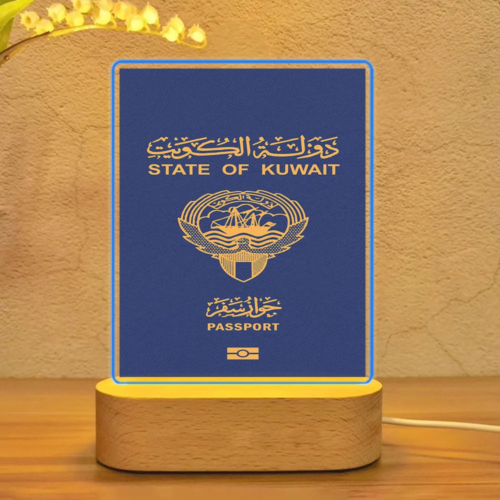 Kuwait Passport aviation design on premium acrylic with LED night lamp.