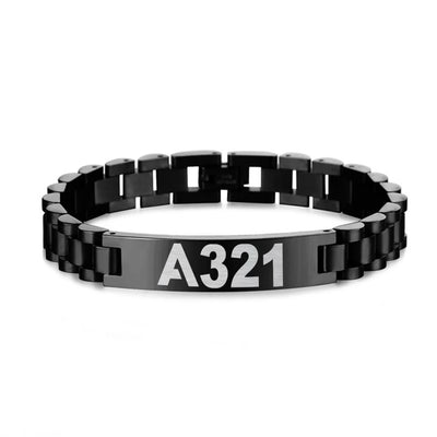 Side view of Airbus A321 Flat Text aviation chain bracelet in stainless steel, polished finish.