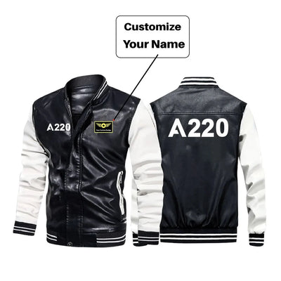 Airbus A220 Flat Text aviation design printed on genuine leather with modern tailored fit stylish leather jacket.