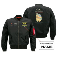 Thumbnail for Albert J. Ellis Airport (OAJ) design on black bomber jacket with custom name patch