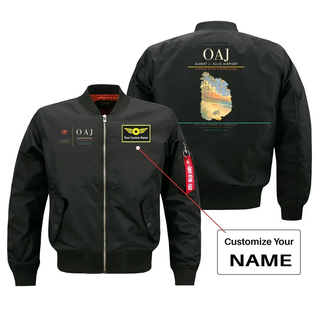 Albert J. Ellis Airport (OAJ) design on black bomber jacket with custom name patch