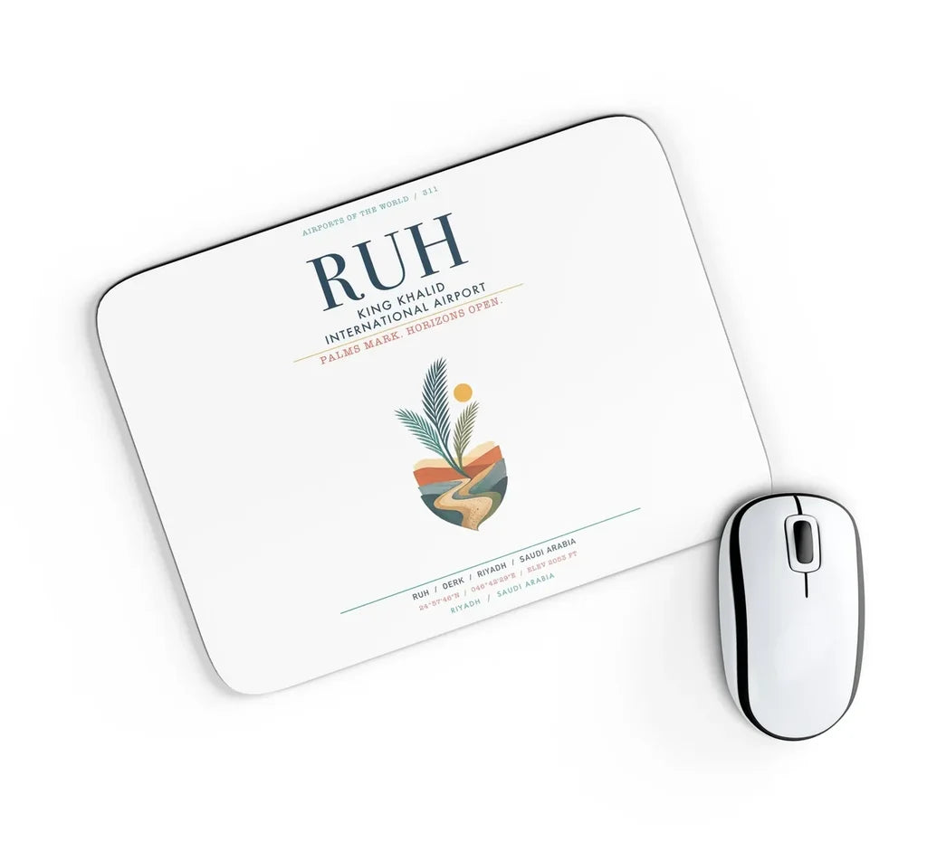King Khalid International Airport (RUH) design on white rectangle mouse pad