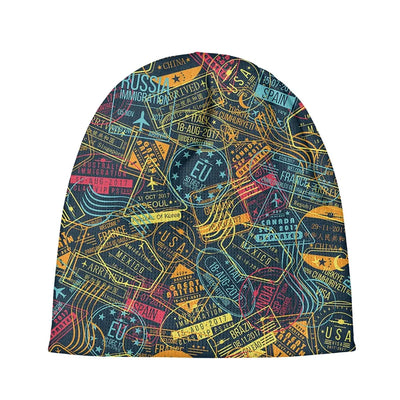 Dark Coloured Passport Stamps aviation embroidery on soft knit fabric 3D knit beanie.