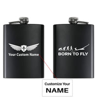 Thumbnail for Born To Fly Glider aviation design on stainless hip flask, compact pocket-size flask.