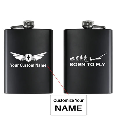 Born To Fly Glider aviation design on stainless hip flask, compact pocket-size flask.