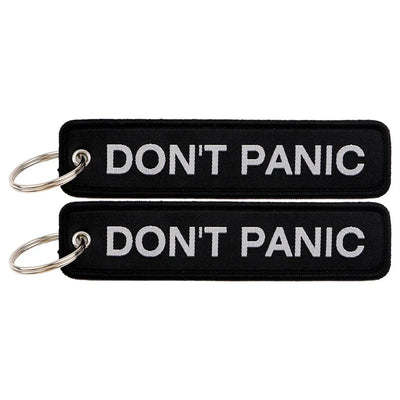 DON'T PANIC (The Hitchhiker's Guide to the Galaxy) aviation fashion key chain in polished metal.