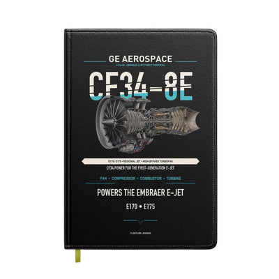 CF34-8E design on black notebook