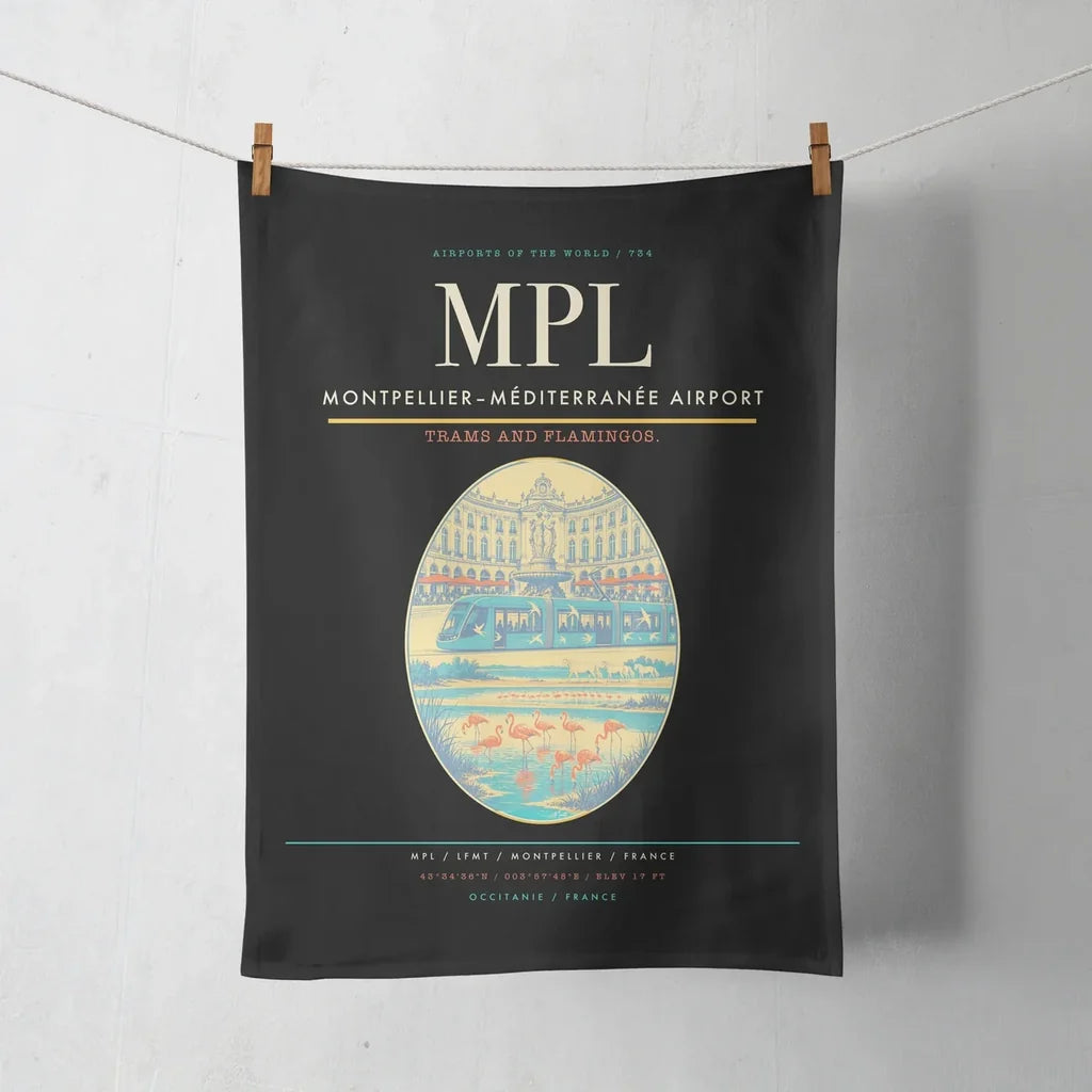 Montpellier–Méditerranée Airport (MPL) design on black towel