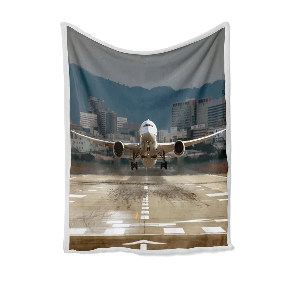 Departing Boeing 787 Dreamliner Bed Blankets & aviation print on soft fleece blanket.