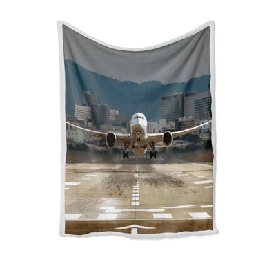 Departing Boeing 787 Dreamliner Bed Blankets & aviation print on soft fleece blanket.