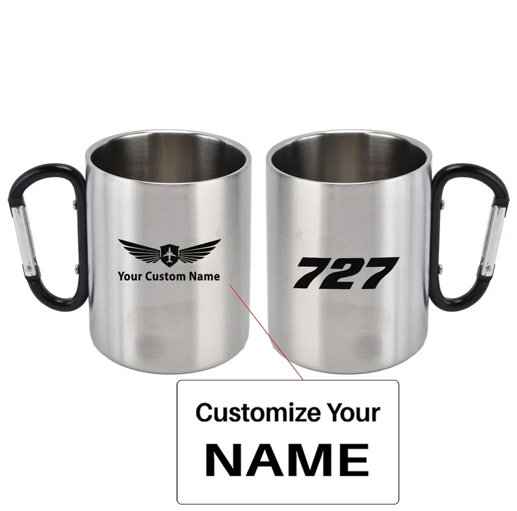 Boeing 727 Flat Text aviation design on outdoor mug, durable insulated construction.
