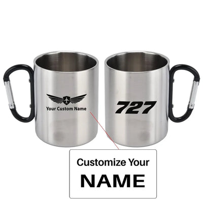 Boeing 727 Flat Text aviation design on outdoor mug, durable insulated construction.