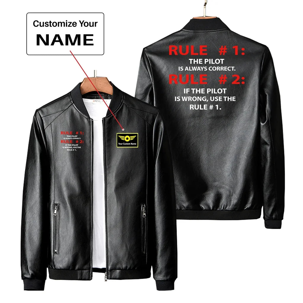 Rule 1 - Pilot is Always Correct PU aviation design printed on genuine leather with quilted lining leather jacket.