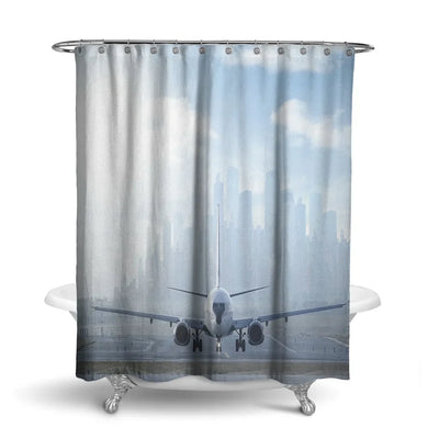 Boeing 737 & City View Behind aviation design on waterproof polyester shower curtain.